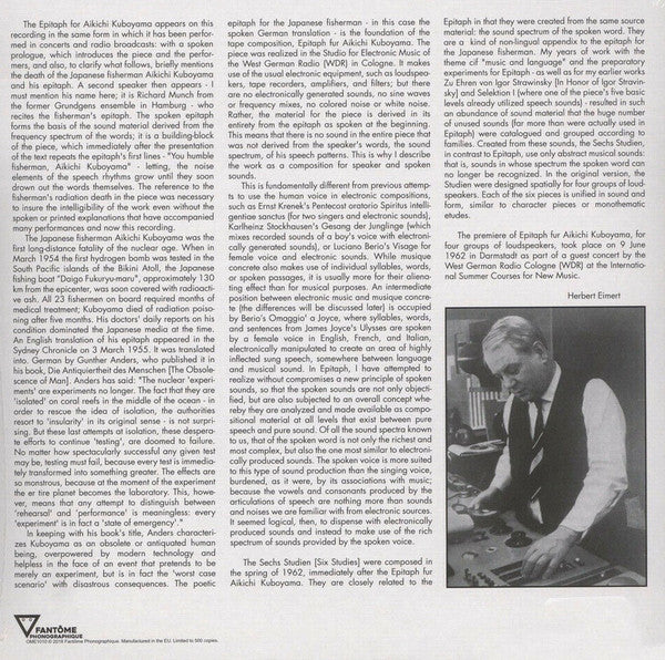 Herbert Eimert - Epitaph Für Aikichi Kuboyama / Sechs Studien: Limited Numbered Vinyl