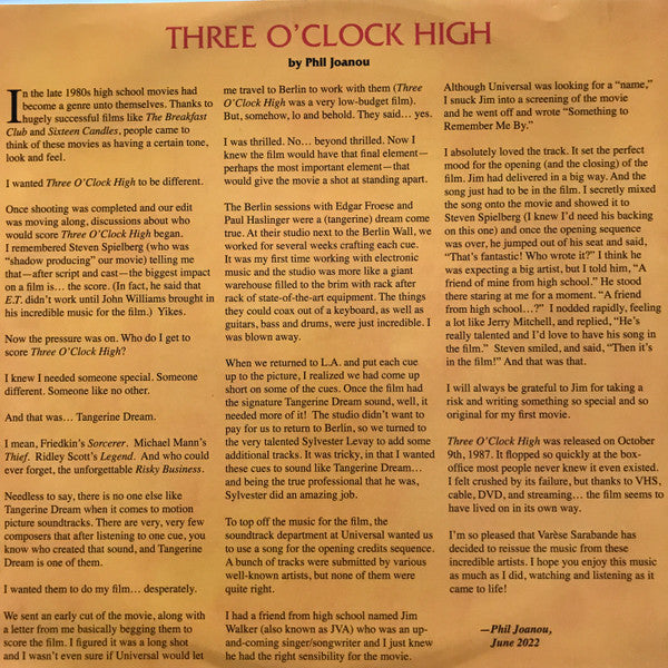Tangerine Dream / Sylvester Levay - Three O'Clock High (Original Motion Picture Soundtrack) (LP, RE, RM)
